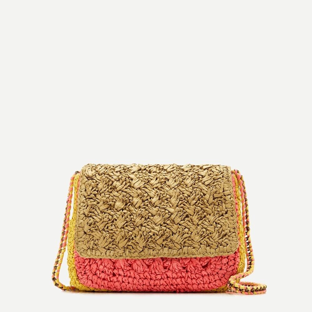 J. Crew Colorblocked Handwoven Raffia Crossbody‎ Bag Button Closure Chain Strap